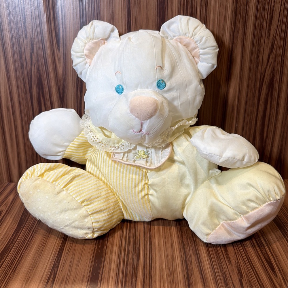 Vintage 1988 Fisher Price Puffalump Baby Bear Plush White Yellow Rattle 10"